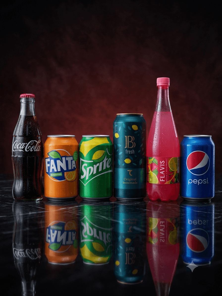 Бутылки и банки Coca-Cola, Fanta, Sprite, Pepsi и Flavis в ряд